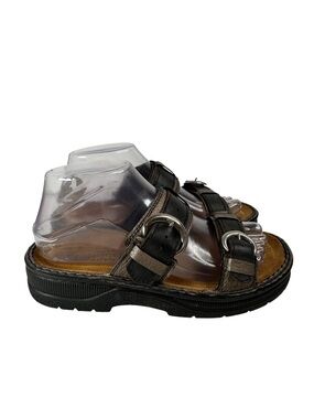 Naot Leather Slide Sandals Double Buckle Brown Black Footbed Womens 6